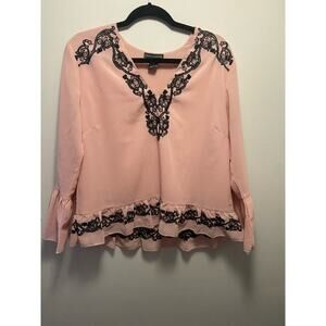 Chelsea & Theodore Pink Blouse with Black Lace Accents - Size Medium